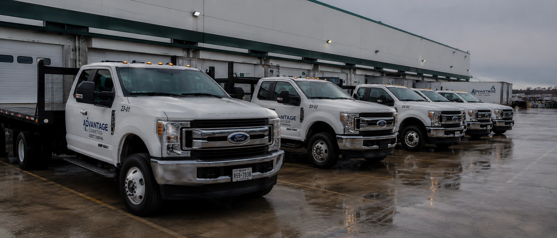 A fleet of Ford Super Duty trucks at a logistics hub, representing commercial fleet operations where dash cams are used for insurance and safety compliance. A fleet of Ford Super Duty trucks at a logistics hub, representing commercial fleet operations where dash cams are used for insurance and safety compliance.
